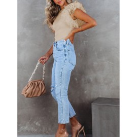 Women'S Apricot Dotted Mesh Ruffle Sleeve Top - Spring Summer Fall Casual to Semi-Formal Shirt, H-Line Silhouette with Round Neck & Breathable Mesh Back, Lightweight Stretchy Blouse for Beach Outfits, Brunch & Casual Attire, Versatile Layering Piece